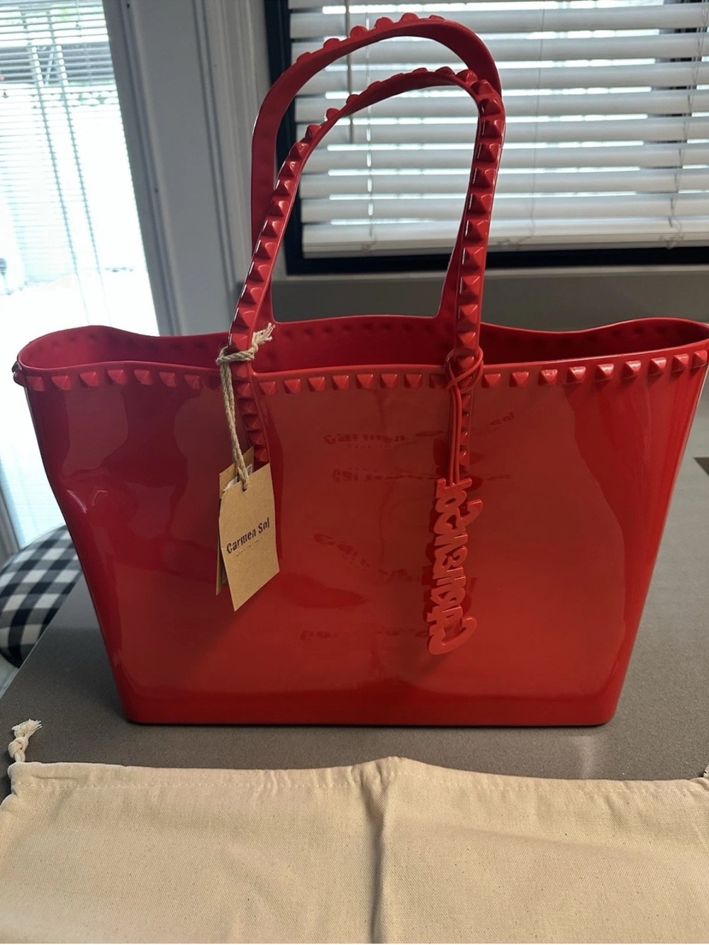 Carmen Sol Angelica Large Red PVC Tote Bag Studded Italy NWT Dust Bag